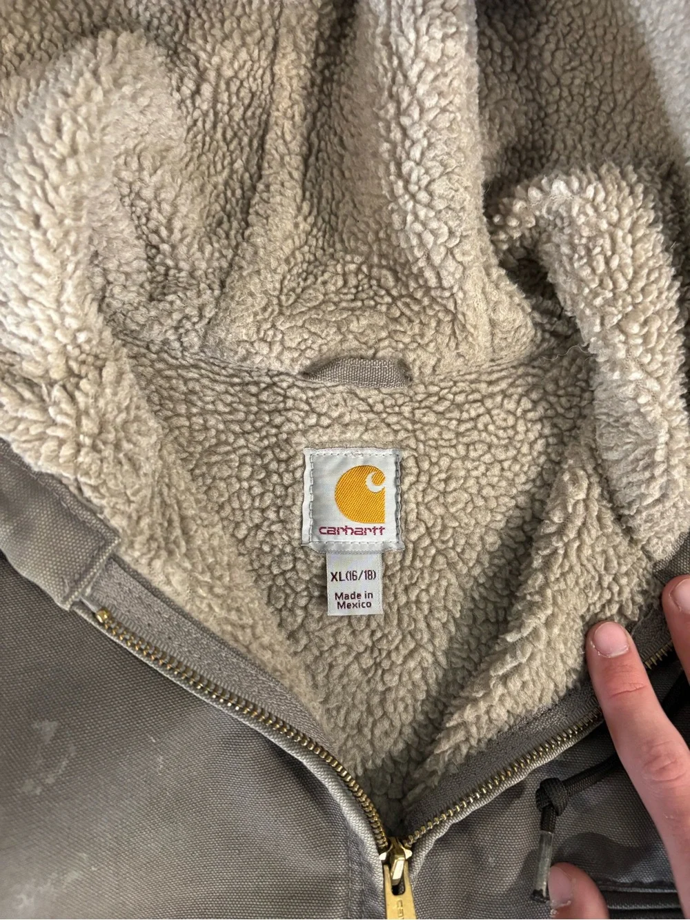 Carhartt Gray Brown Hooded Sherpa-Lined Canvas Jacket Mens M/ Women’s XL